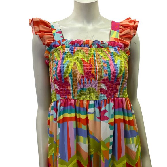Crosby by Mollie Burch Colorful Smocked‎ Maxi Dress Ruffled Straps & Hem Md - Picture 4 of 10